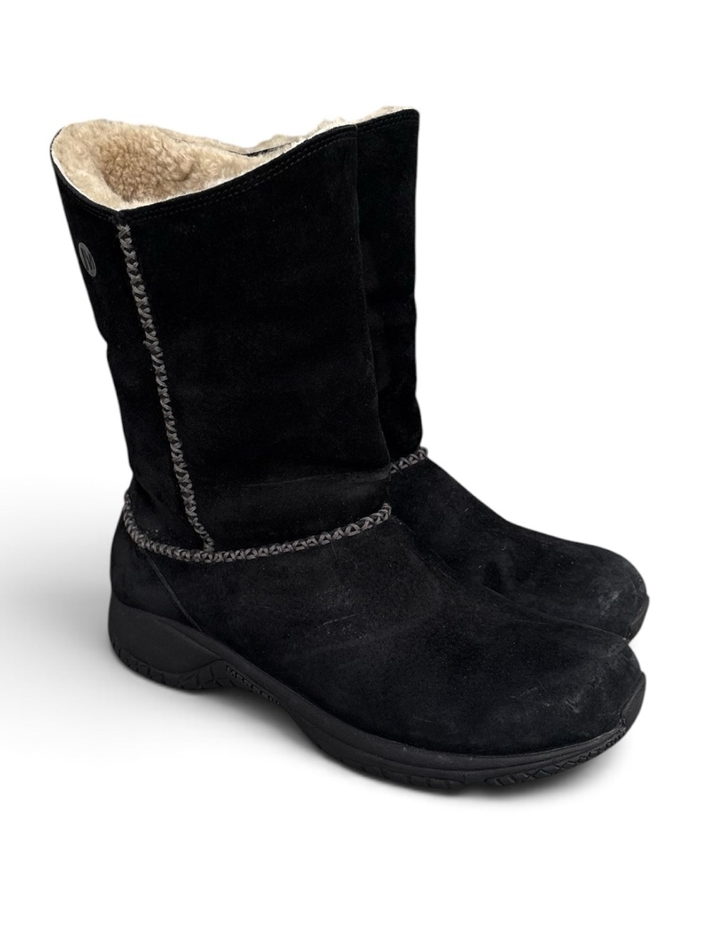 MERRELL Encore Stitch High Boots Black Suede Mid Calf Sherpa Lining Winter 10